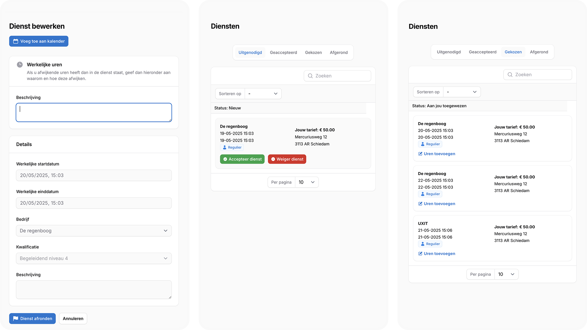 De app voor zorgprofessionals met de details en status van een dienst